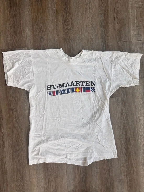 Vintage White St. Maarten Graphic Tee with Nautical Flags - Picture 1 of 5